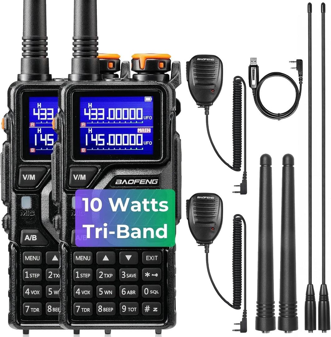 BAOFENG K5PLUS Tri-Band Ham Radio Long Range, UHF VHF 1.25M Handheld 10W Tri-Power Two Way Radio with Airband, NOAA, 2500mAh Battery, Speaker Mic, 999CH, Frequency Copy, Scramble (2 Packs)