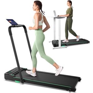 UREVO Strol 2E Smart 2-in-1 Folding Treadmill, Compact Walking Pad with Safety Handle, Plug and Play, Standing Desk Treadmill with Dual LED Display, Smart APP, Walking or Running for Home Office (Flaxen)