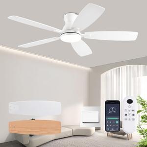 52inch Ceiling Fans with Lights, Low Profile Ceiling Fan with Light and Remote Control/APP Control, DC Reversible Motor, Noiseless, Flush Mount White Ceiling Fan for Bedroom, Indoor/Outdoor Use