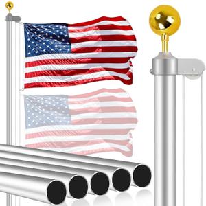 Flag Poles for Outside House Inground - 20 Ft Super Thick 13 Gauge Flag Pole Kit - Heavy Duty Flagpole with 3x5 American Flag - Outdoor Sectional Flagpoles for Yard, Residential, and Commercial (20FT, Silver)