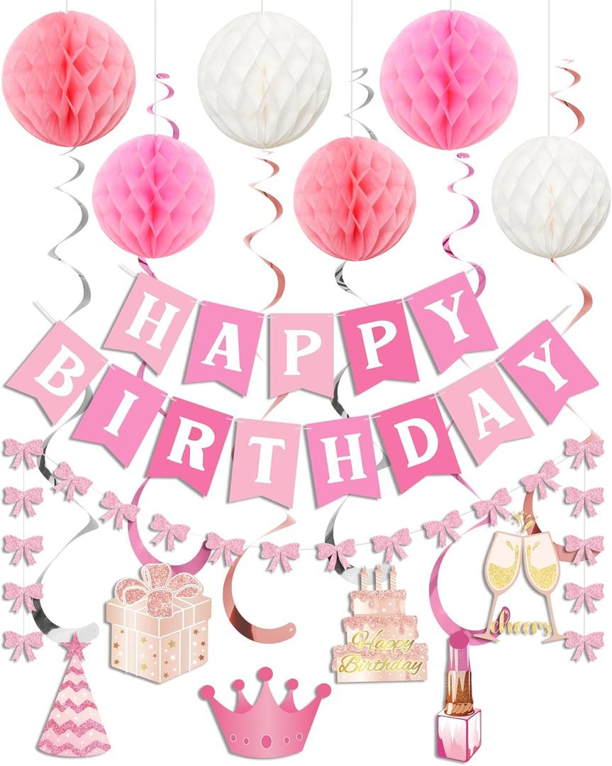 Ouddy Life Pink Birthday Decorations for Girls Women, Pink White Happy Birthday Banner with Hanging Swirls Streamers, Honeycomb Balls Paper Pompoms, Glitter Bow Garland for Party Supplies