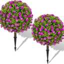 25" Artificial Boxwood Topiary Ball Trees with Purple RoseFlowers, Set of 2 UV Resistant No Fade Outdoor Faux Plants with Ground Spike, Fake Shrubs for Garden, Patio, Porch, Yard, Indoor