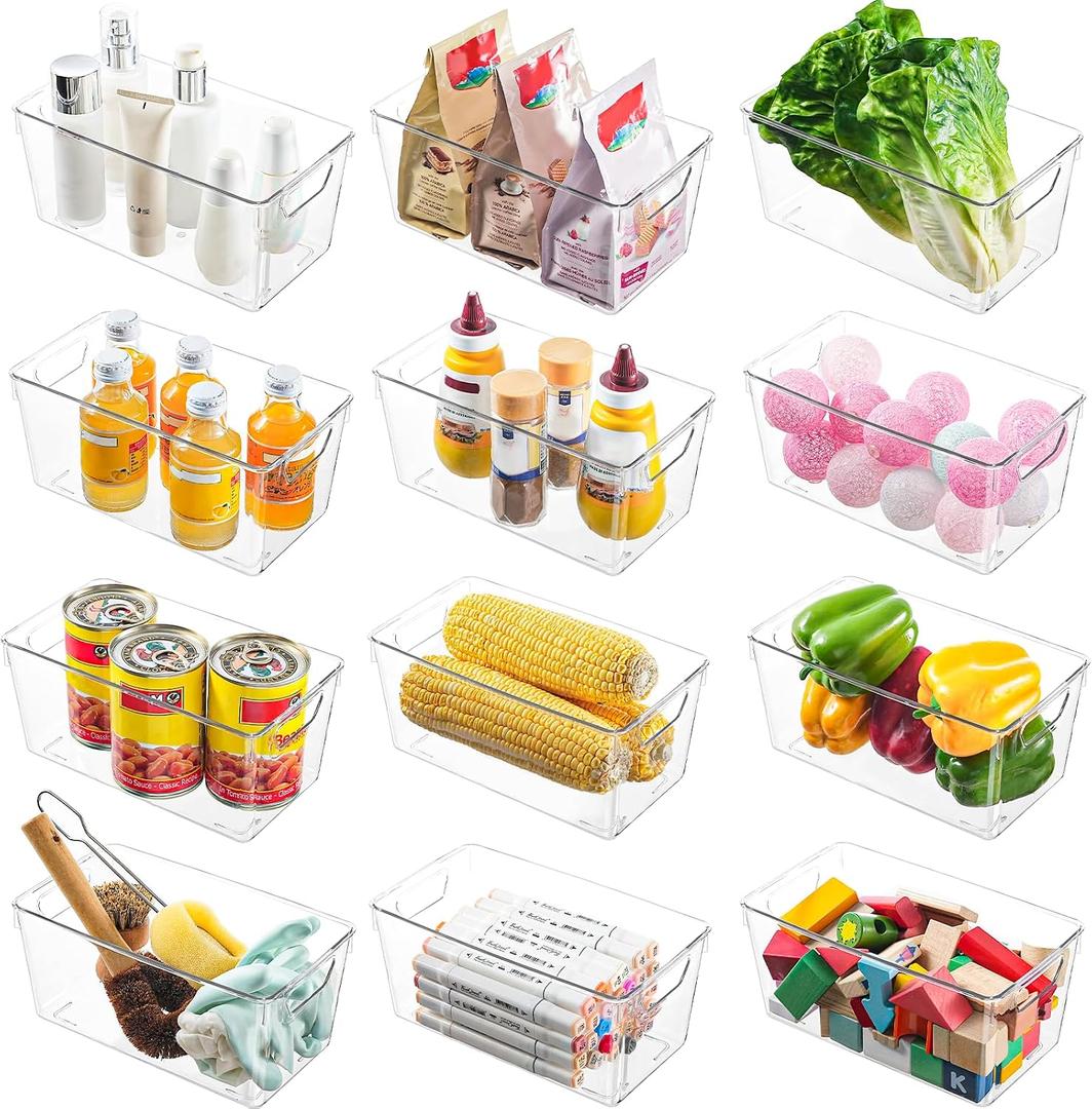 12 Pack Small Clear Plastic Storage Bins, Acrylic Kitchen Organizer and Storage Bins, Fridge Organizer, Small Plastic Containers Bins, Cabinet Organizer for Pantry,Bathroom,Refrigerator, Shelf