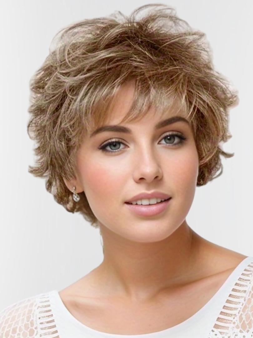 TISHINING Short Ombre Blonde Curly Wig with Bangs Fluffy Layered Blonde Pixie Cut Wigs for White Women Natural Wavy Synthetic Hair Replacement Wig