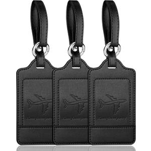 Teskyer Luggage Tags, 3 Pack PU Leather Luggage Tags for Suitcases, Privacy Protection Bag Tags Travel Essentials, Black