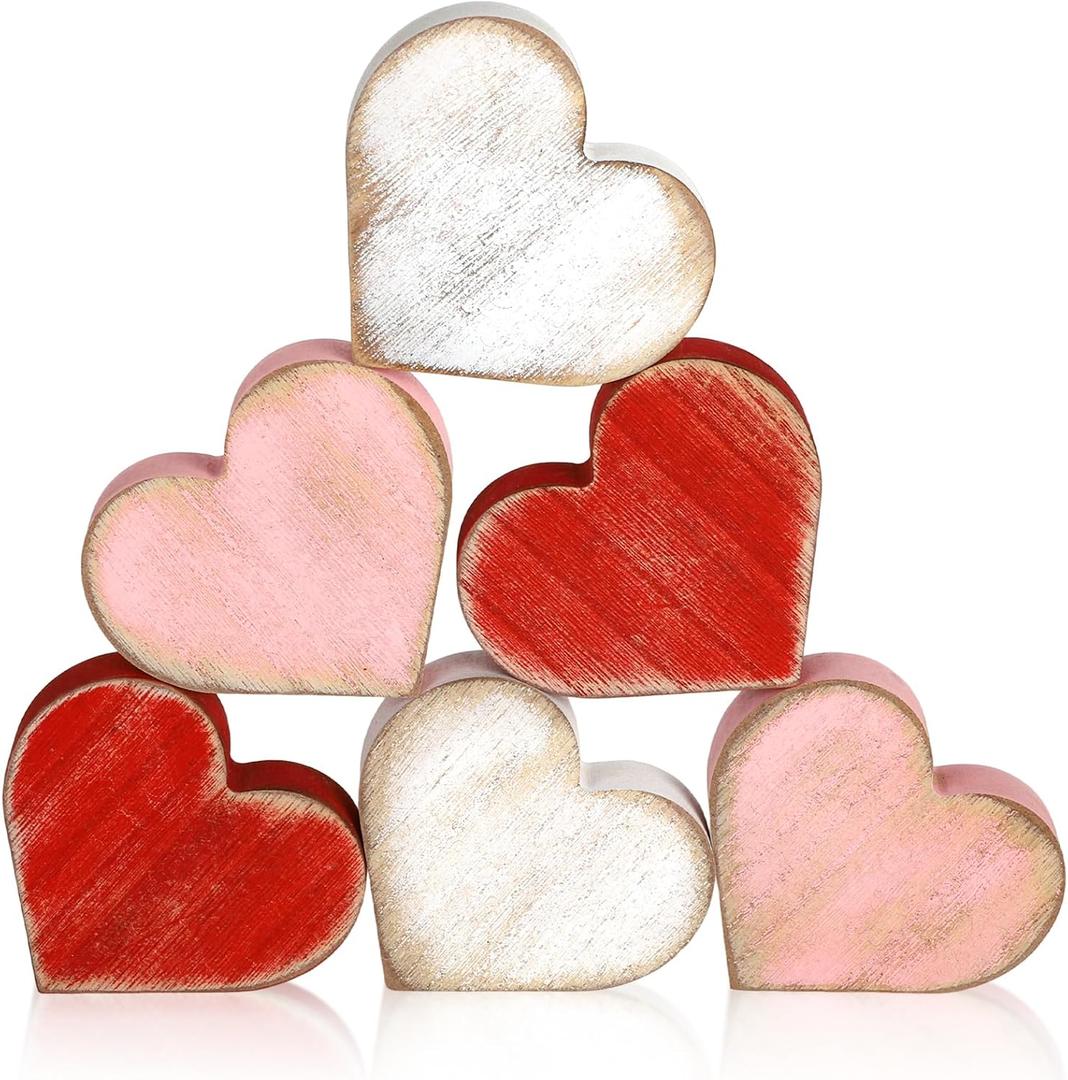 COCHIE Wooden Valentine's Day Hearts Decorations Indoor, Wood Heart Blocks Tiered Tray Decor Set of 6, Red Pink White Valentine Decoration for Home Party Office Shelf Mantle (Vintage)