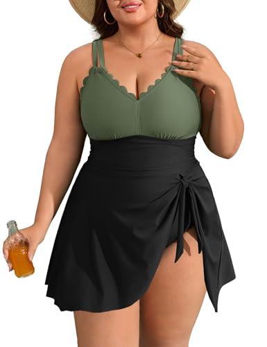 Charmo Plus Size Swimsuit for Women Swim Dress Scalloped One Piece Tummy Control Bathing Suit Ruched Swim Suits 2026 Army Green Black 2X