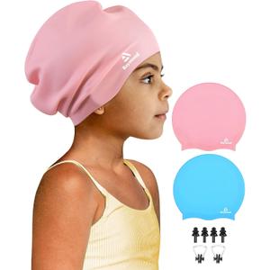 2 Pack Kids Extra Large Swim Cap for Long Thick Hair, Waterproof Silicone Swimming Cap for Toddler Child Youth Girls Boys, Durable Swim Hats Bathing Caps for Braids, Dreadlocks, Extensions, Afros Sky Blue + Light Pink