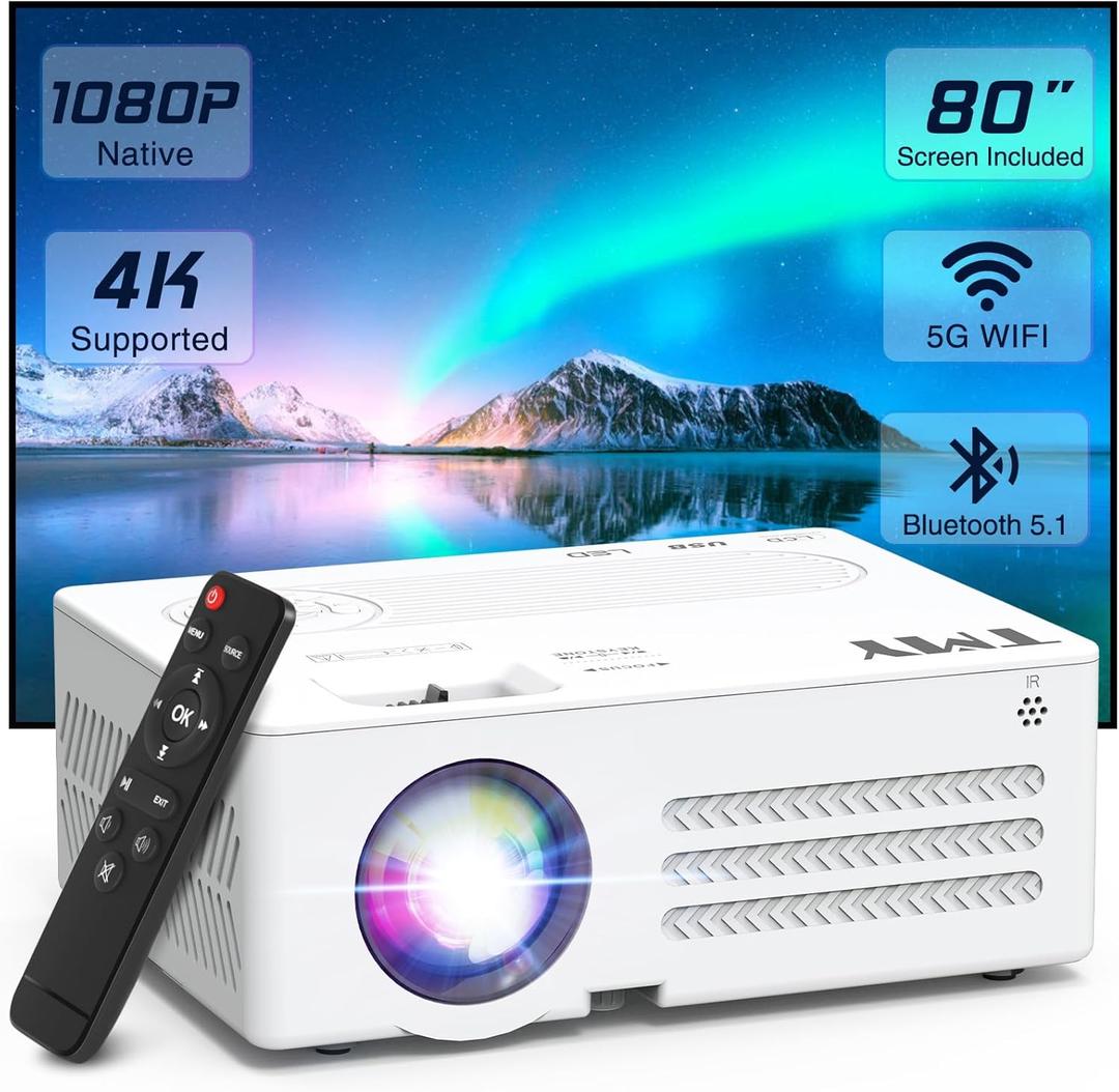 TMY Projector with WiFi and Bluetooth80" screen includedNative 1080P Outdoor Projector, 4K Supported Portable Projector, Compatible with iOS/Android/PC/TV Stick/HDMI/USB, Indoor Outdoor Use