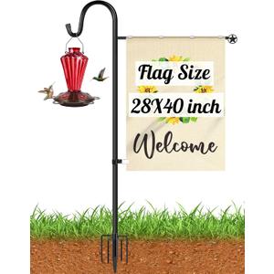 XDW-GIFTS Upgraded Garden Flag Holder Stand with Shepherd Hook for 28'' x 40'' Flags 60 In Heavy Duty Yard Flag Post Stake with 2 Spring Stoppers and 1 Clip for Outside (Without Solar Lights & Flag)