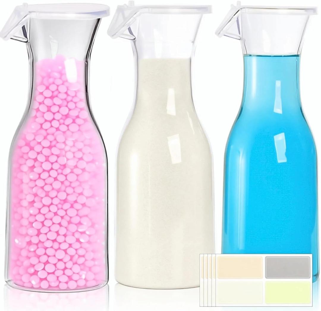 3 Pack Laundry Detergent Dispenser with 5 Labels, 40 OZ Plastic Fabric Softener Bottle, Reusable Detergent Container, Laundry Room Organizer for Liquid Soap Powder Bleach Scent Booster Beads