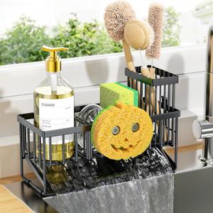 Cisily Kitchen Sink Caddy Organzier with High Brush Holder, Sponge Holder for Sink, 304 Rustproof Stainless, Kitchen Countertop Soap Dispenser Organizer (Black With Smiley Face Holder, 9.25)