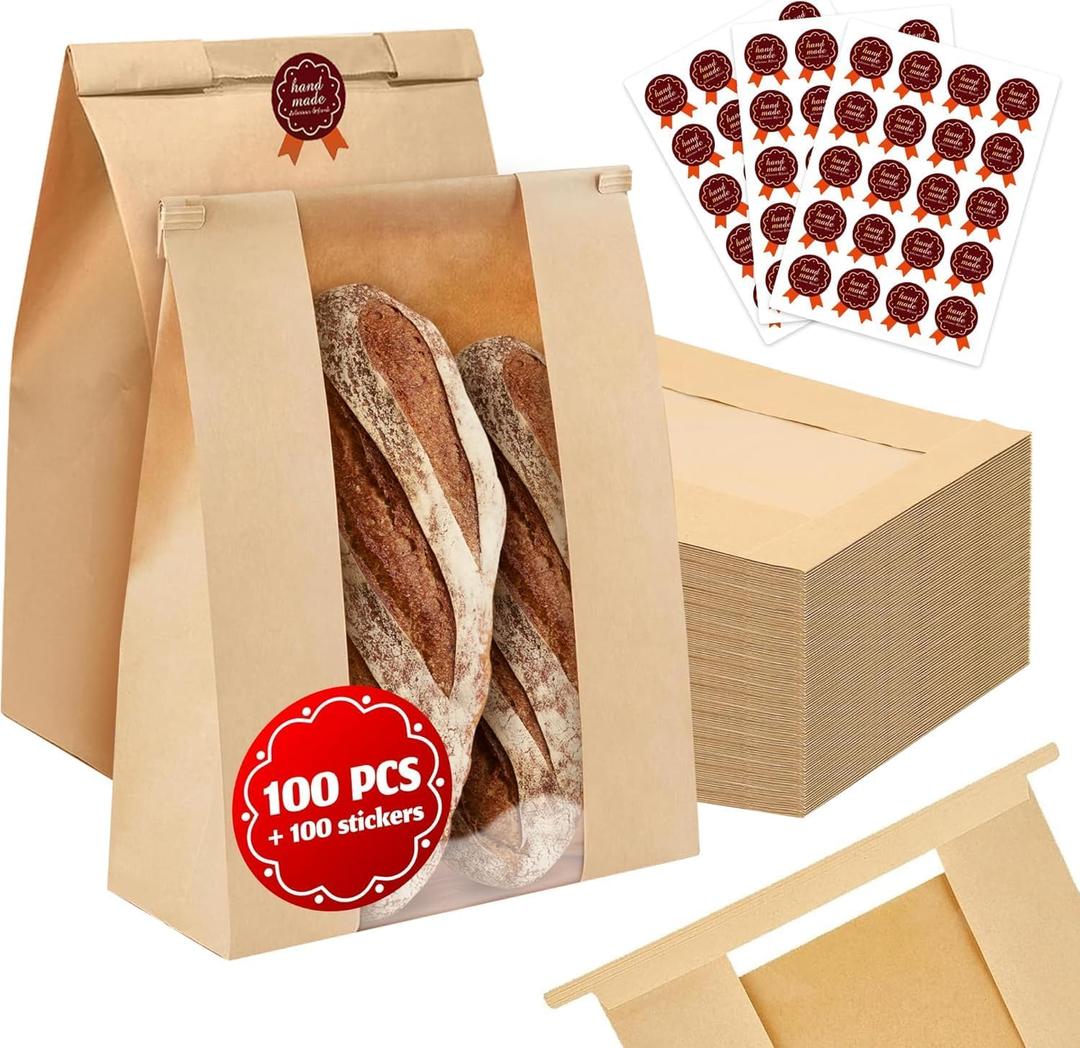 Brown Kraft Paper Bread Bags with Window & Tin Ties (100 Pack + Stickers) - 14x8.3x3.5" Professional Bakery Storage Bags, Wholesale Bread Packaging, Bulk Restaurant Supply Gift Goods