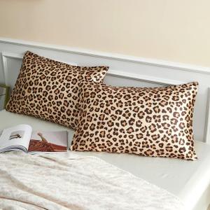 Satin Pillowcase for Hair and Skin, Gold Leopard Printed Pillow Cases Set of 2, Standard Size Silk Satin Pillow Covers for Women with Envelope Closure