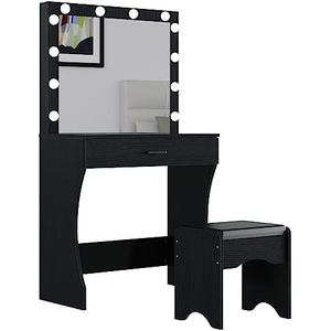 Vanity Desk with Mirror and Lights, Vanity Set Makeup Vanity Table with Adjustable Lights One Drawer Storage Makeup Table with Stool Vanity Desk for Bedroom (Black)