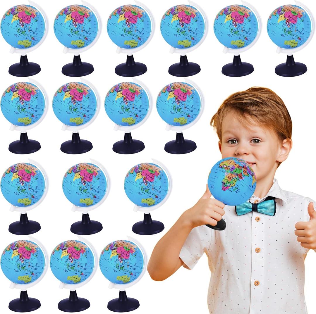 16 x 16 Pcs 3.4 Inches Mini World Globes Rotating Geographic Earth Map Globe with Stand for Learning Educational Classroom Desk Table Decoration, Blue