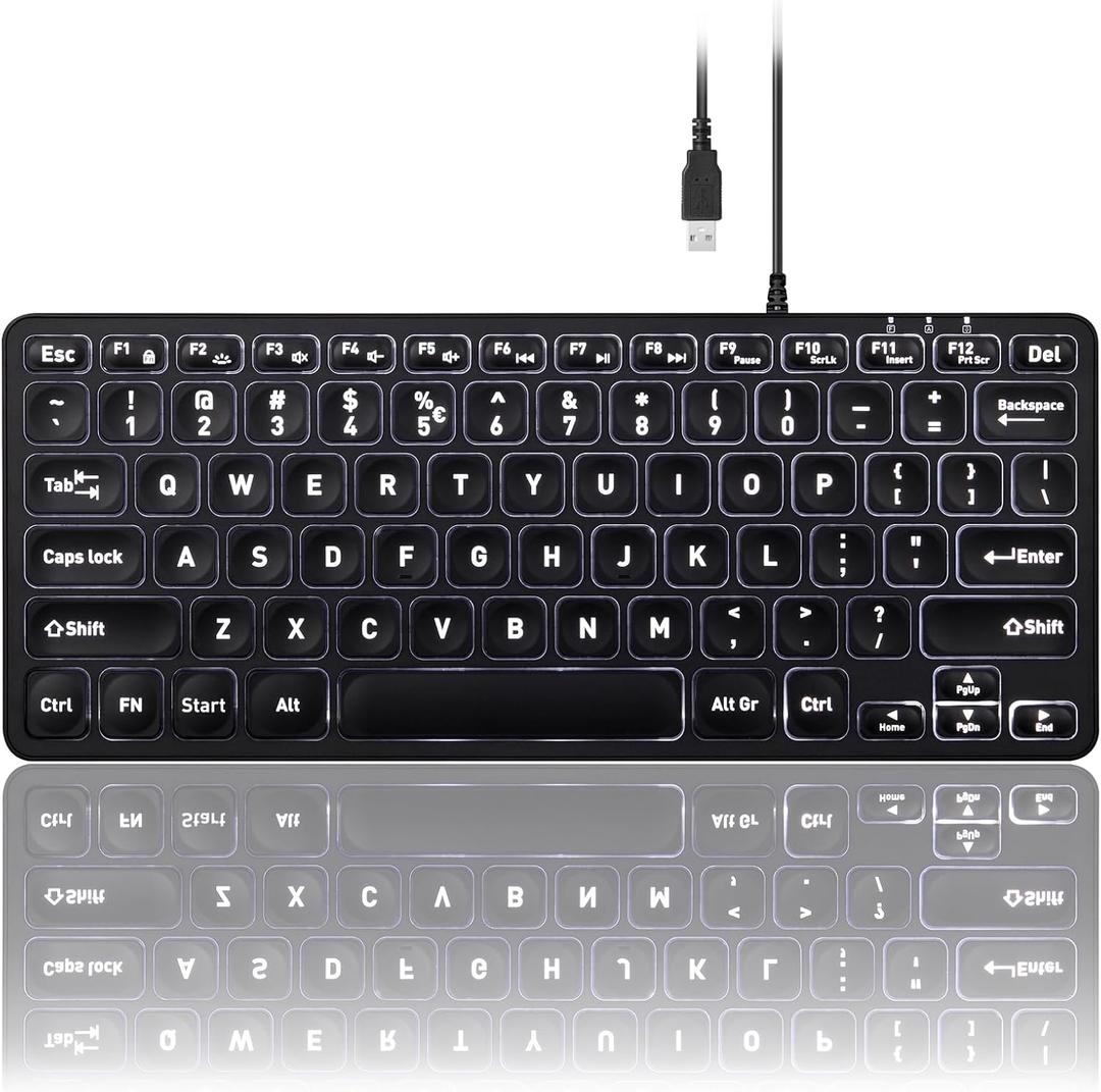 Perixx PERIBOARD-332 Wired Backlit USB Keyboard - Mini 11.22x4.57x0.83 Inches - Slim Scissor Keys with Big Font - White Illuminated LED - US English