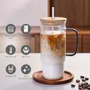 32oz Ribbed Glass Cup with Handle Bamboo Lid and Straw, Glass Tumbler, Iced Coffee Cups Hot/Cold Drinks (Black Handle)