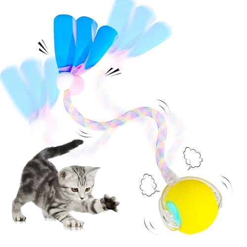 Interactive Cat Toy Ball for Indoor Cats, 2025 New Fast Self Rolling Ball Cat Toy on Carpet, Smart Interactive Automatic Cat Toy Ball for Gifts, Moving Cat Toy with Elastic Mesh Tail(Yellow), Set of 2