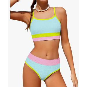 Bathing Suit Color-Block Adjustable Straps Bikini Sets Girls Two Piece Swimsuits with Chest Pad Swimwear 13-14 yrs