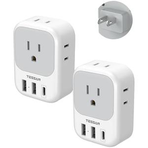 TESSAN 4 Prong to 3 Prong Outlet Adapter 2 Pack, US to Japan Plug Adapter with 4 Outlets 3 USB (1 USB-C), Outlet Adaptor US to Japan China Mexico Philippines Canada Peru Thailand Vietnam