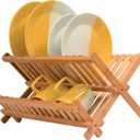 Dish Drying Rack - Collapsible 2-Tier Bamboo Dish Rack for Kitchen Counter, Wooden Dish Drainer with Foldable Space-Saving Design - Drying Rack for Dishes, Plates, and Cups
