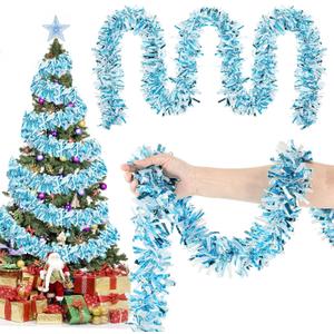 49.2 ft Christmas Tinsel Garland Blue and White Metallic Garland Light Blue Glittering Decoration for Valentine Birthday Wedding Party Easter Holiday Festivities Indoor Outdoor Home Supplies