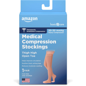 Amazon Basic Care Medical Compression Stockings, 20-30 mmHg Support, Women & Men Thigh Length Hose, Open Toe, Beige M