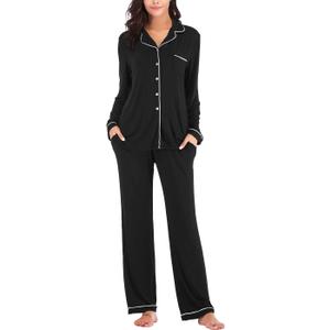 Aamikast Women's Pajama Sets Long Sleeve Button Down Sleepwear Nightwear Soft Pjs Lounge Sets, Black XXL