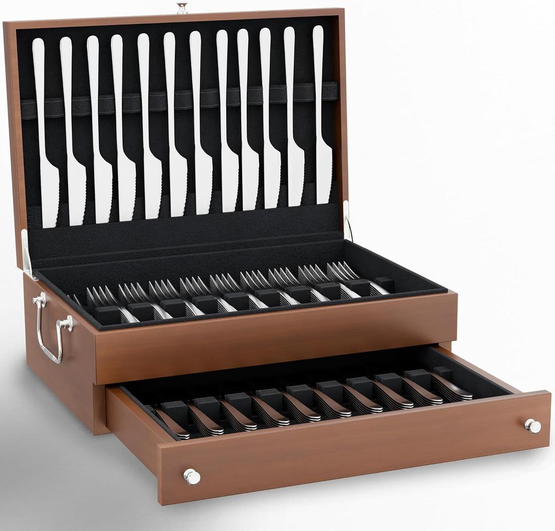Premium Flatware Chest For 12+ Sets | Anti Tarnish Silverware Storage For Full Sets | Wooden Silver ware Box Storage | (Flat ware Not Included)