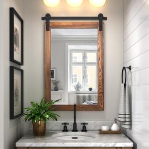 COGOOD Farmhouse Barn Door Mirror - 21 x 30 Rustic Wood Framed Wall Mirror for Bathroom, Living Room, Entryway Wall Decor (Brown)