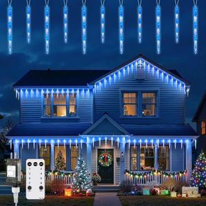 Brightown Icicle Lights for Outside with Remote, 20ft 100 LED 20 Tubes Connectable Ice Shape Hanging Christmas Lights for Tree Patio Roof Holiday Decor, Blue and White