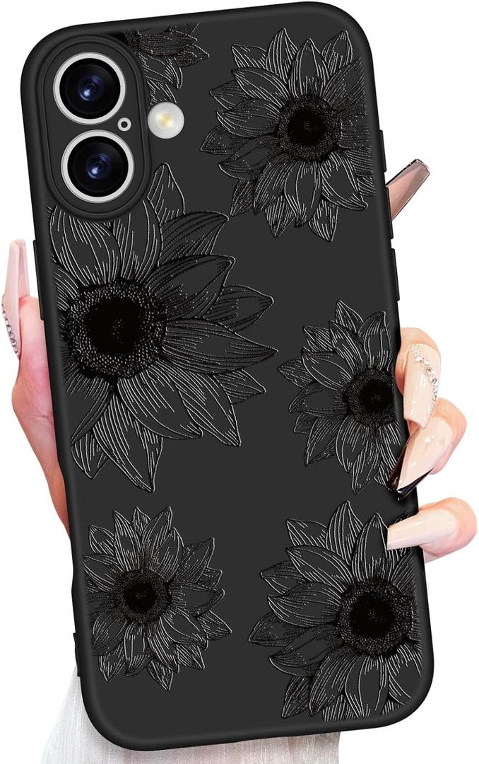 Toycamp for iPhone 16 Case 6.1 Inch - Women Girls Sunflower Cute Black Frosted Slim Fit Design Soft TPU Shockproof Protective Girly Aesthetic Pretty Fashion Unique Cover for iPhone 16 Phone Case