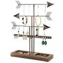 MyGift Modern Jewelry Organizer, 3 Tier Black Metal Tabletop Bracelet and Necklace Jewelry Storage Display Tree Rack with Base Ring Tray