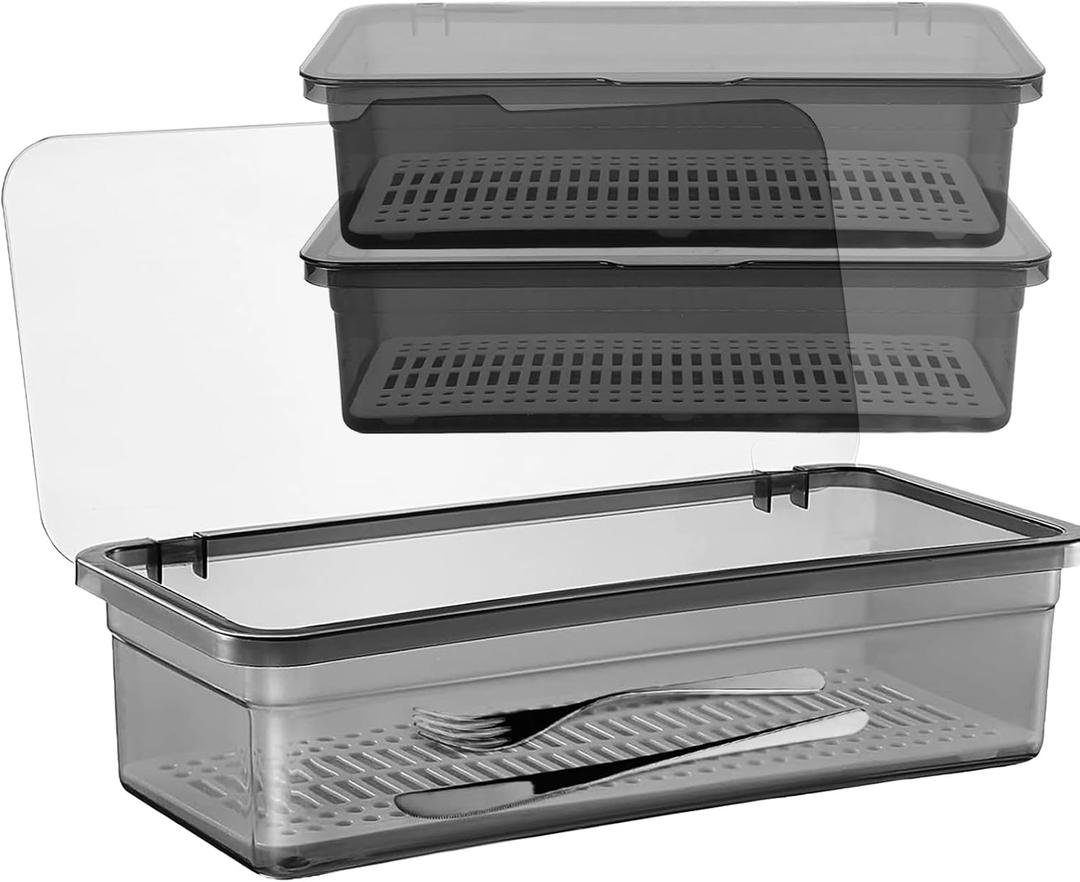 SUNSHNO 3PCS Flatware Tray with Lid and Drainer, Tableware Utensil and Cutlery Drawer Organizer with Lid Covered Silverware Tray to Keeps Your Cutlery Organized and Protected