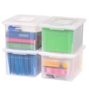 IRIS USA File Box, Plastic File Organizer with Lids for Letter/Legal File, Portable Document Box For Moving, Storage Bin with Durable and Secure Lid, Stackable Nestable BPA-Free, Clear 35 Qt. 4 Pack
