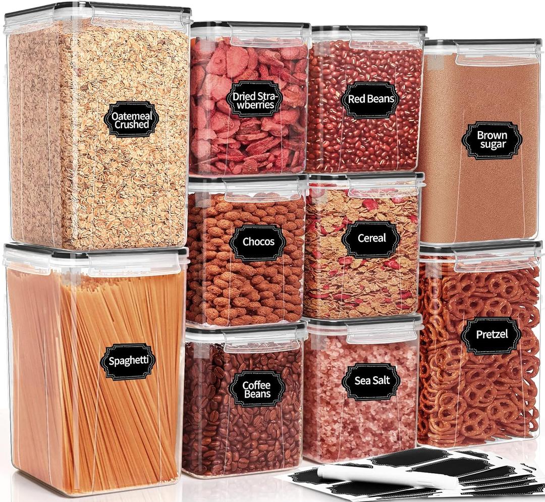 PRAKI Large Airtight Food Storage Containers with Lids, 10PCS Plastic Cereal Storage Containers, Kitchen & Pantry Organizers and Storage for Sugar, Flour, Baking Supplies with Lables & Mark (Clear)