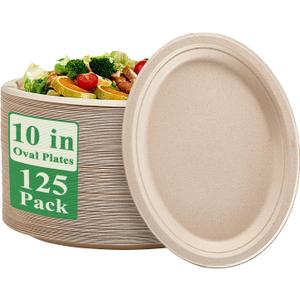 Vplus 100% Compostable Oval Paper Plates 10 inch 125 Pack Super Strong Disposable Paper Plates Bagasse Natural Biodegradable Eco-Friendly Sugarcane for BBQ, Party, Gathering, and Picnic