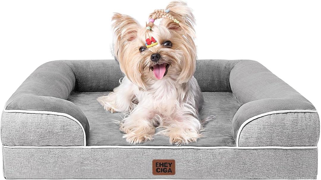 EHEYCIGA Orthopedic Dog Bed for Small Dogs, Waterproof Memory Foam Small Pet Beds with Sides, Non-Slip Bottom and Egg-Crate Foam Medium Dog Couch Bed with Washable Removable Cover, Grey (24.0"L x 18.0"W x 6.0"Th)