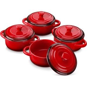 LOVECASA Mini Cocotte Set,12 OZ Small Casserole Dishes with Lids, Soup Bowls With Handles, Individual Baking Ramekins, Oven, Microwave & Dishwasher Safe, Set of 4, Red