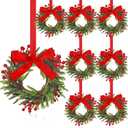 Dingion 8 Pcs 6 Inch Mini Cabinets Christmas Wreaths for Kitchen Mini Norfolk Wreath with Ribbon Bows and Berry Hanging Artificial Greenery for Farmhouse Door Wall Window Decor (Classic Style)