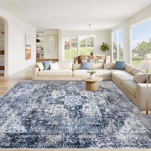 Area Rug 9x12 Washable Rug, Vintage Boho Medallion Rugs Non-Slip Soft Low Pile Large Distressed Rug Indoor Retro Carpet for Living Room Bedroom Dining Room Home Office (Blue, 9'x12')