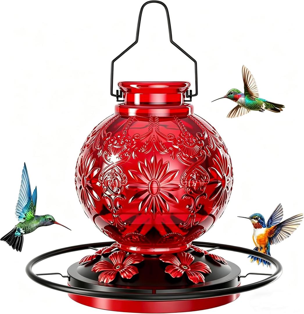 Glass Hummingbird Feeder for Outdoors, 24Oz Decorative Hanging Hummingbird Nectar Feeder, Leak Proof Durable Wild Bird Feeders, Hummingbird Gifts for Women & Mom, Garden Decor Window Feeder, Red