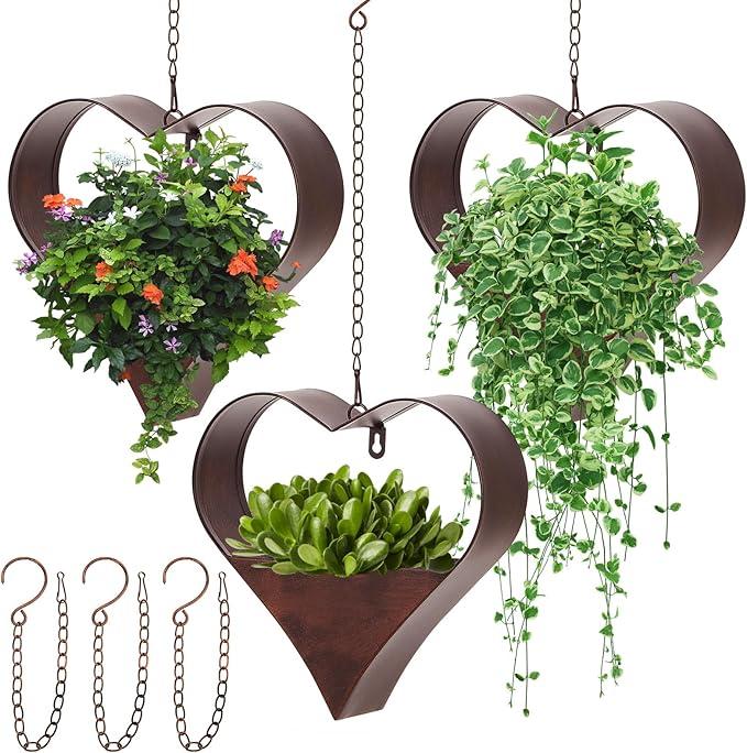 Romooa 3 Pack Metal Plant Hangers Indoor and Outdoor Rustic Heart Shape Hanging Planters Holder Detachable Flower Pot with Hooks Chains Drain Hole Birthday Gifts for Women Mom Garden Lovers Home Decor