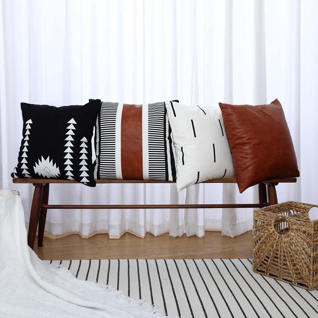 GALMAXS7 Boho Throw Pillow Covers 20 x 20 Set of 4 - Modern Stripe Geometric Farmhouse Decorative Pillow Cover Sets for Pillows - Couch Sofa Bed,Faux Leather Black and White Pillow Covers (Geometry)