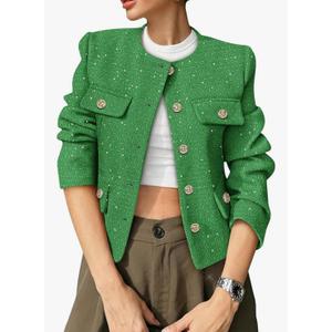 Women's Tweed Blazers Trendy Fall Casual Collarless Button Down Sequin Tops Cropped Jackets with Pockets,L