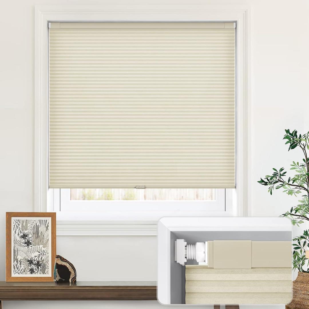LazBlinds Cordless Cellular Shades, No Tools No Drill Light Filtering Honeycomb Shades Pleated Blinds for Windows, 44.5'' W x 48'' H, Cream