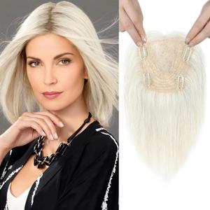 REECHO Real Human Hair Topper, 10 inch Women Hair Toppers for Thinning Hair, 100 Percent Human Hair Large Coverage Natural Hairpiece Wiglet, Butterfly Base 5"x4.8", White Blonde