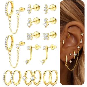 Gold Earrings for Women Flat Back Earrings Hypoallergenic Earring Stacks | 14K Gold Plated Surgical Stainless Steel Earring Set Chain Cartilage Earrings - Helix Piercing Jewelry for Women Trendy Gold