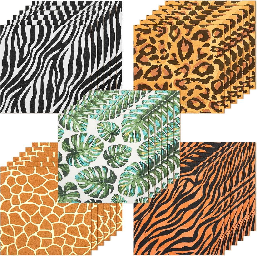 100 Pieces Jungle Safari Animal Print Party Disposable Animal Napkins Safari Napkins for Baby Shower Birthday Party, 5 Styles
